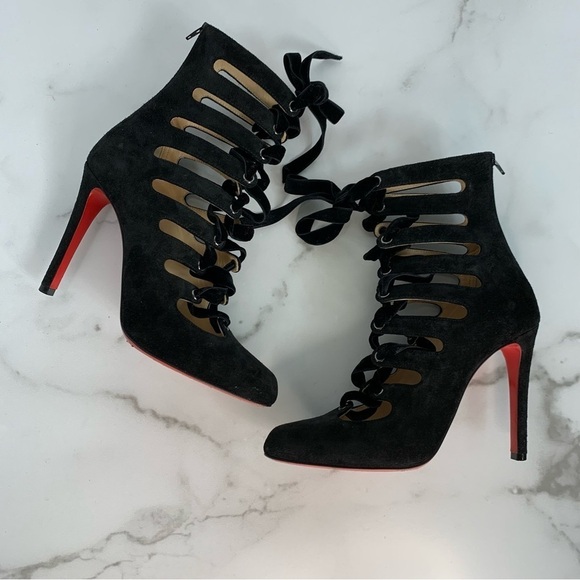 Christian Louboutin Spinetita Velvet Cage Lace-Up Suede Leather Booties Heels - Picture 2 of 16